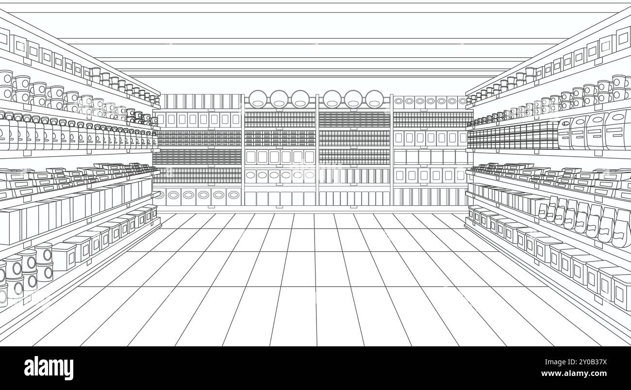 Vista prospettica del supermercato o del negozio di articoli di alimentari. Negozio al dettaglio all'interno con scaffali pieni di articoli sullo sfondo, scaffali interni con cartone animato con illustrazione vettoriale del prodotto Illustrazione Vettoriale