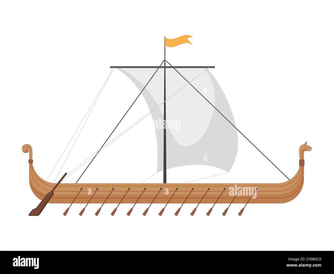 Illustrazione vettoriale dettagliata di una storica nave vichinga con remi e vela. Illustrazione Vettoriale