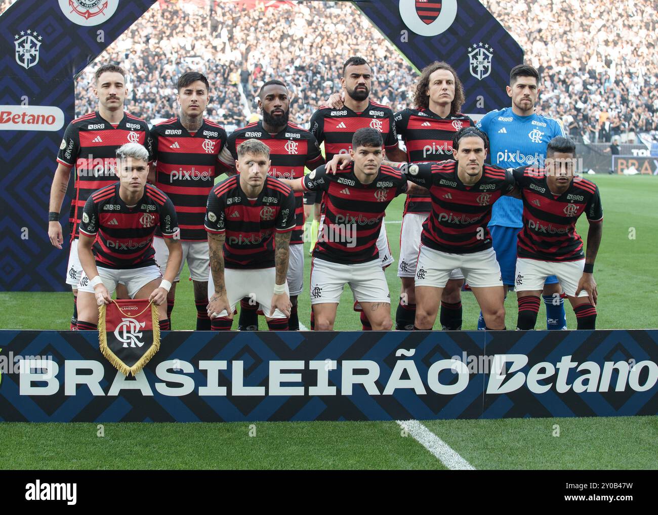 San Paolo, Brasile. 1 settembre 2024. Calcio - Campionato brasiliano - Corinthians x Flamengo - Stadio Neo Quimica Arena. I giocatori di Corinthians posano per una foto di gruppo prima della partita crediti: Vilmar Bannach/Alamy Live News Foto Stock