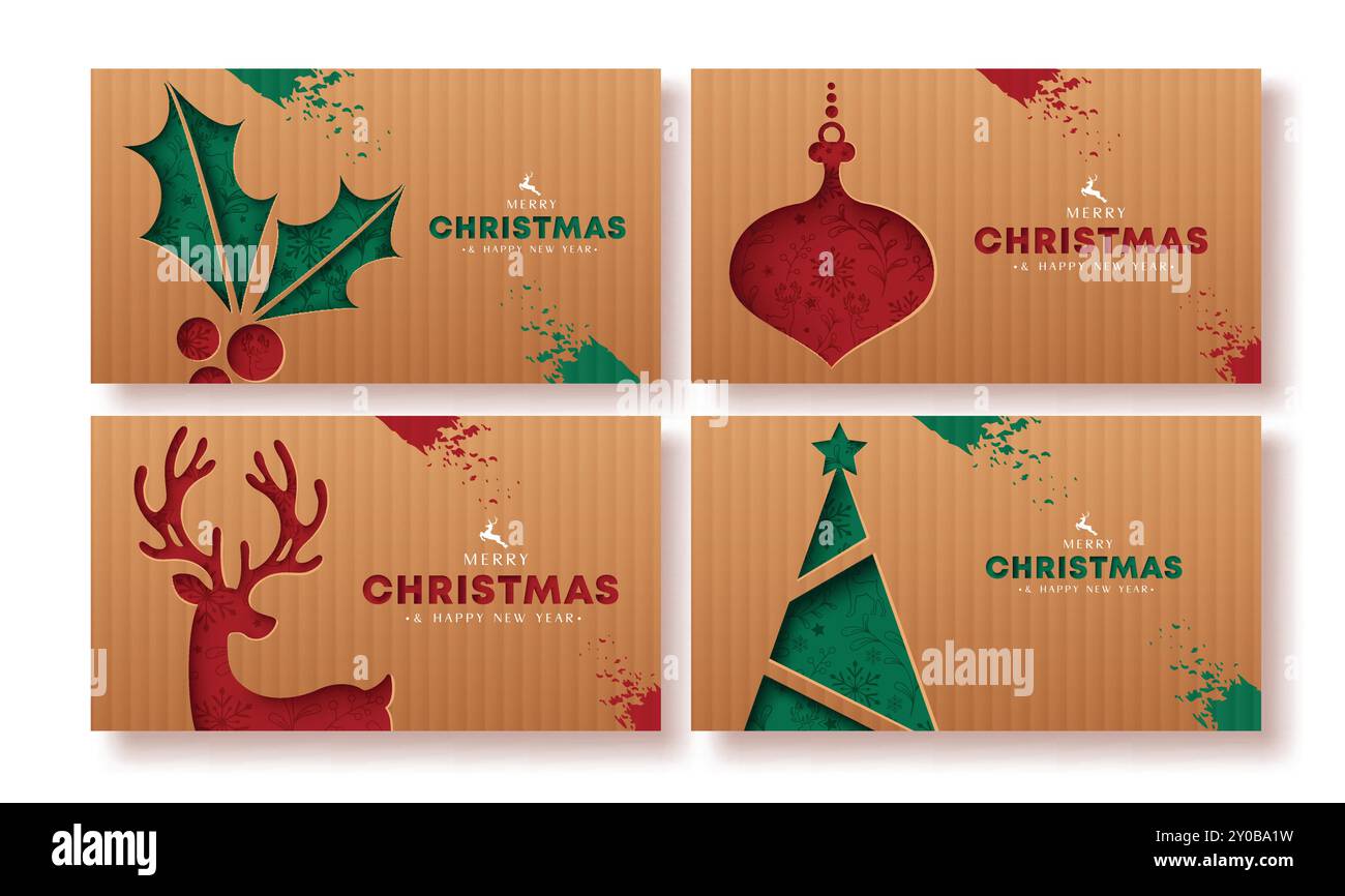 Buon natale, cartolina vettoriale, poster. Testo di auguri natalizi con elementi stampati come bacca agrifoglio, renne, albero di Natale Illustrazione Vettoriale