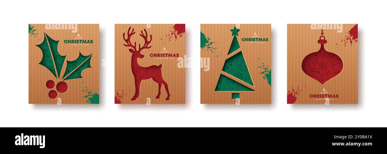 Design del poster della cartolina vettoriale di auguri natalizi. Buon testo di benvenuto natalizio con elementi stampati come bacche agrifoglio, renne, albero di Natale Illustrazione Vettoriale