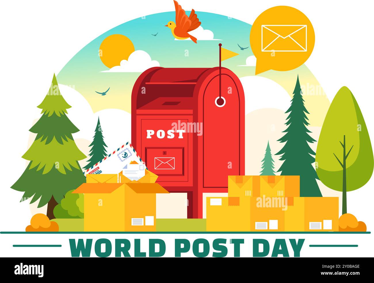 Illustrazione vettoriale World Post Day del 9 ottobre, con una cassetta postale rossa che accetta posta, lettere e pacchi sullo sfondo di un cartone animato Illustrazione Vettoriale