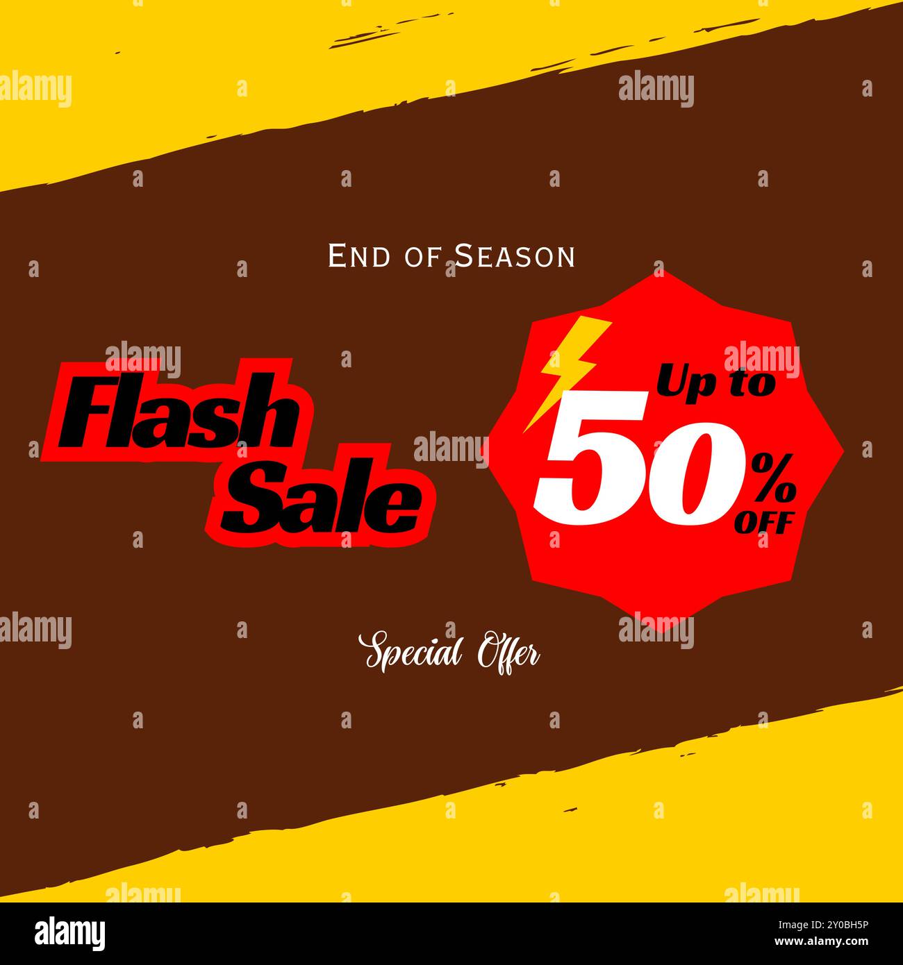 Poster o banner per gli acquisti in vendita flash con icona Flash su sfondo color cioccolato. Progettazione di modelli di banner di vendita Flash per social media e siti Web Illustrazione Vettoriale