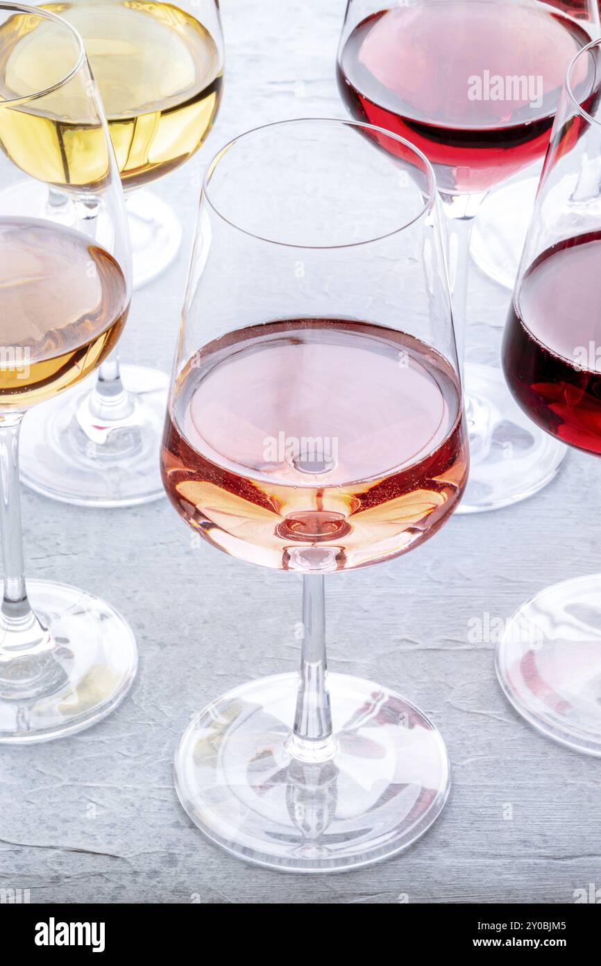 Bicchieri da vino a una degustazione. Rosa, vino rosso e bianco, bevande su un tavolo in un'azienda vinicola. Un assortimento di vini di vari colori e sfumature, Fotogr Foto Stock