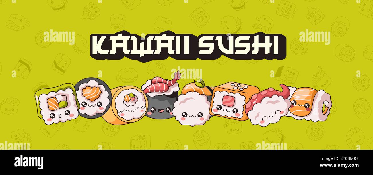 Carino sushi roll Kawaii, set di personaggi vettoriali di colore. Modello pubblicitario per composizione cartoni animati di un ristorante di delicatezza asiatica tradizionale Illustrazione Vettoriale