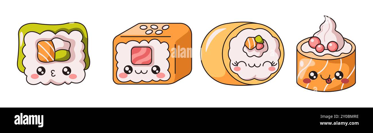 Set illustrativo vettoriale Kawaii con sushi e rotoli saporiti. Spuntini giapponesi Kawaii con volti personaggi sulla collezione bianca Illustrazione Vettoriale