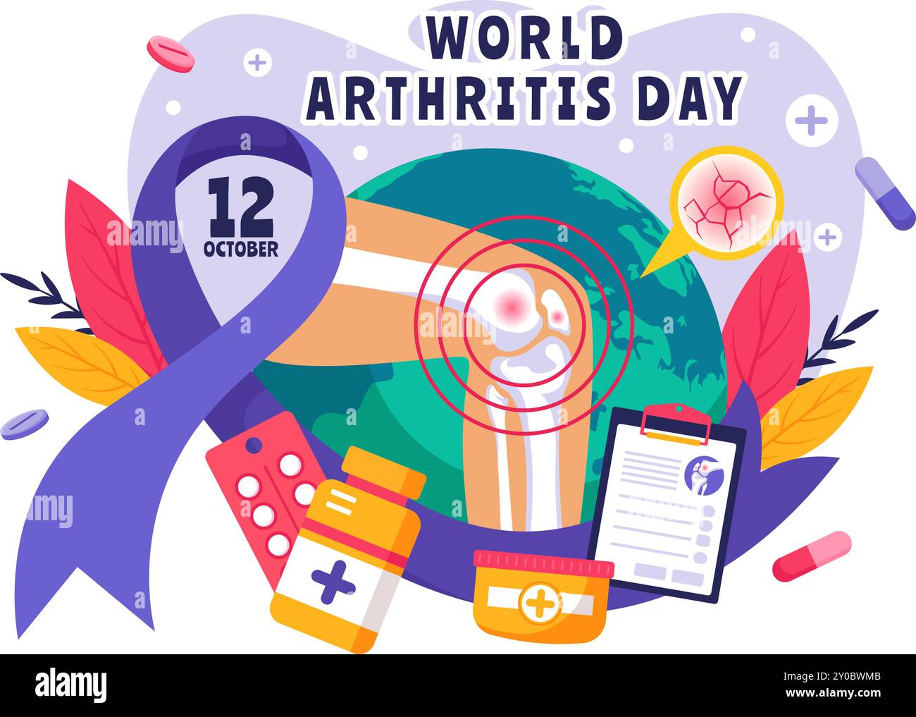 Illustrazione vettoriale della giornata mondiale dell'artrite per il 12 ottobre, con trattamento medico per reumatismi e osteoartrite, con una scansione a raggi X e osso Illustrazione Vettoriale