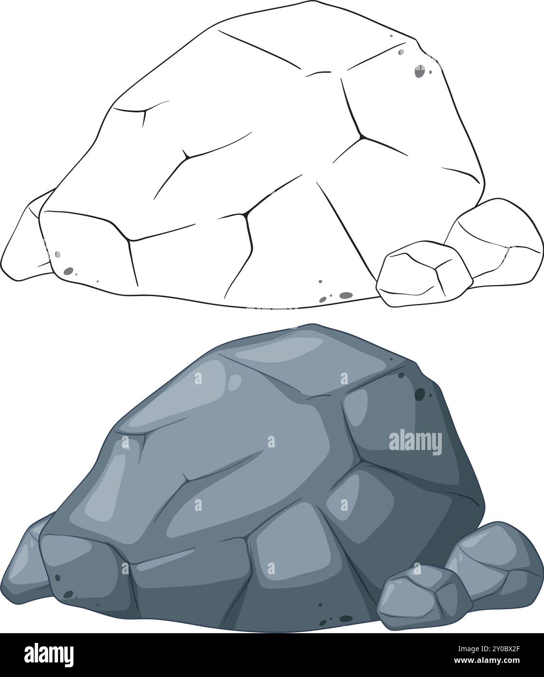 Due rocce di cartoni animati, una colorata, una delineata Illustrazione Vettoriale