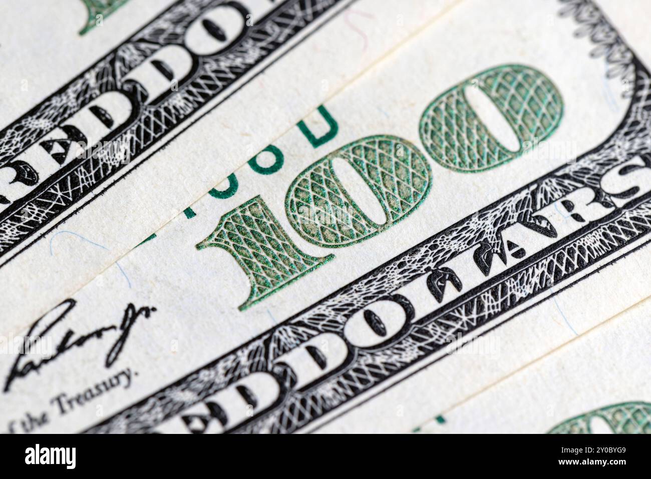 Primo piano di cento dollari americani, dettagli di 100 dollari americani in contanti Foto Stock