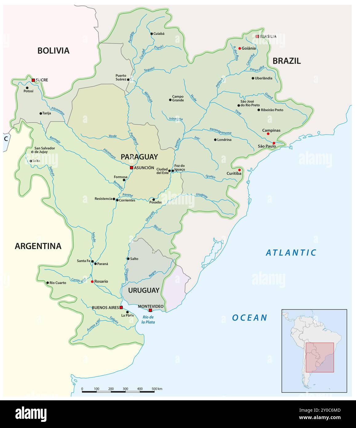 Mappa del bacino idrografico Rio de la Plata, Sud America Foto Stock