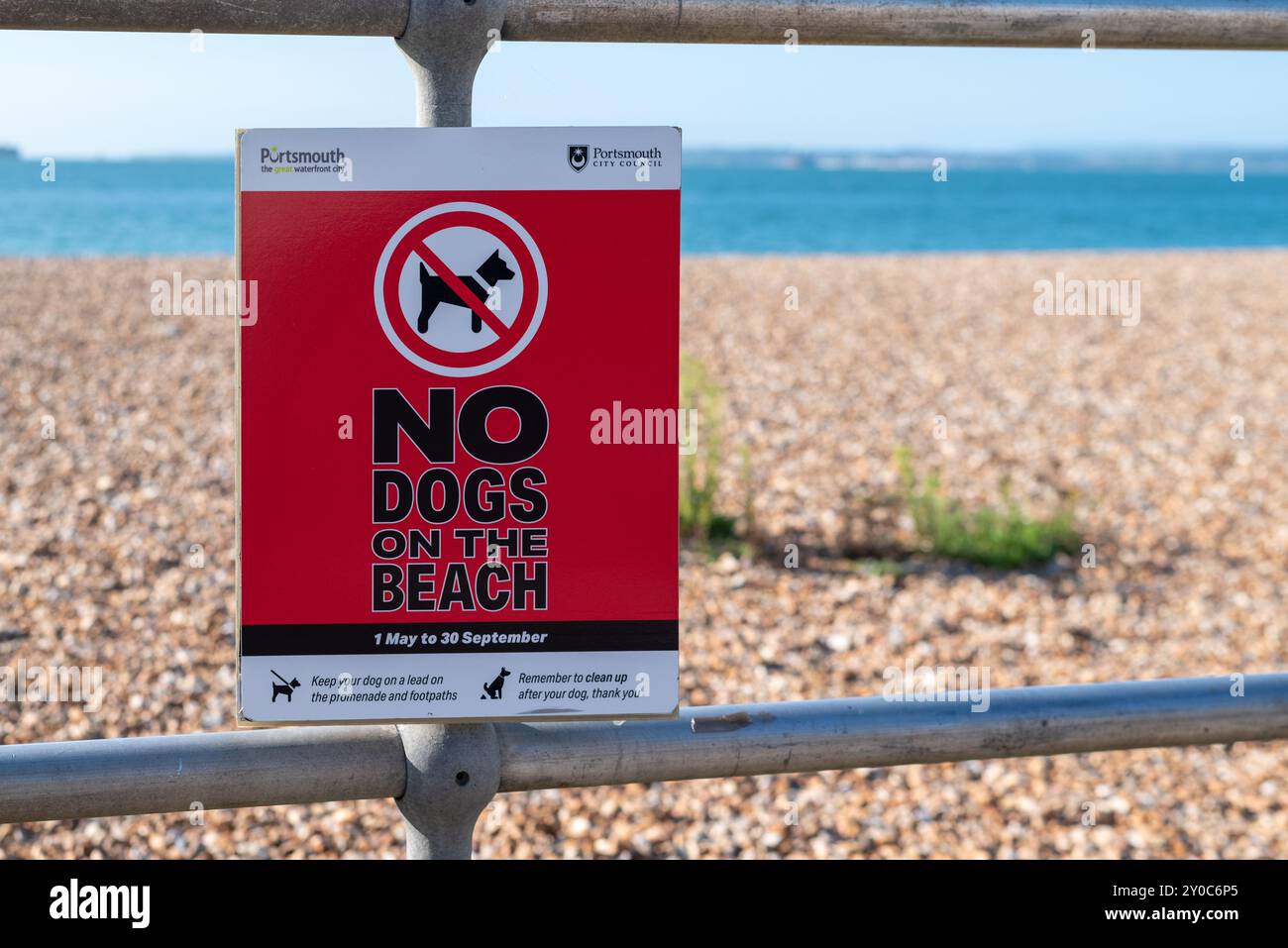 Cartellone rosso brillante sulla spiaggia di Southsea che ricorda alle persone che non sono ammessi cani durante i mesi estivi e che devono pulire dopo l'animale. Agosto 2024. Foto Stock