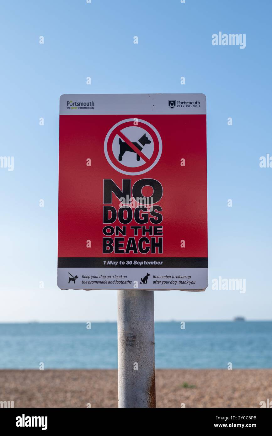 Cartellone rosso brillante sulla spiaggia di Southsea che ricorda alle persone che non sono ammessi cani durante i mesi estivi e che devono pulire dopo l'animale. Agosto 2024. Foto Stock