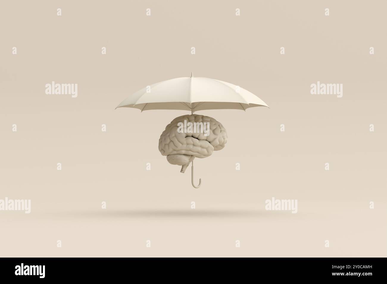 L'ombrello bianco protegge un cervello fluttuante, simboleggiando la protezione, la salute mentale e la saggezza. Perfetto per psicologia, educazione e salute mentale Foto Stock