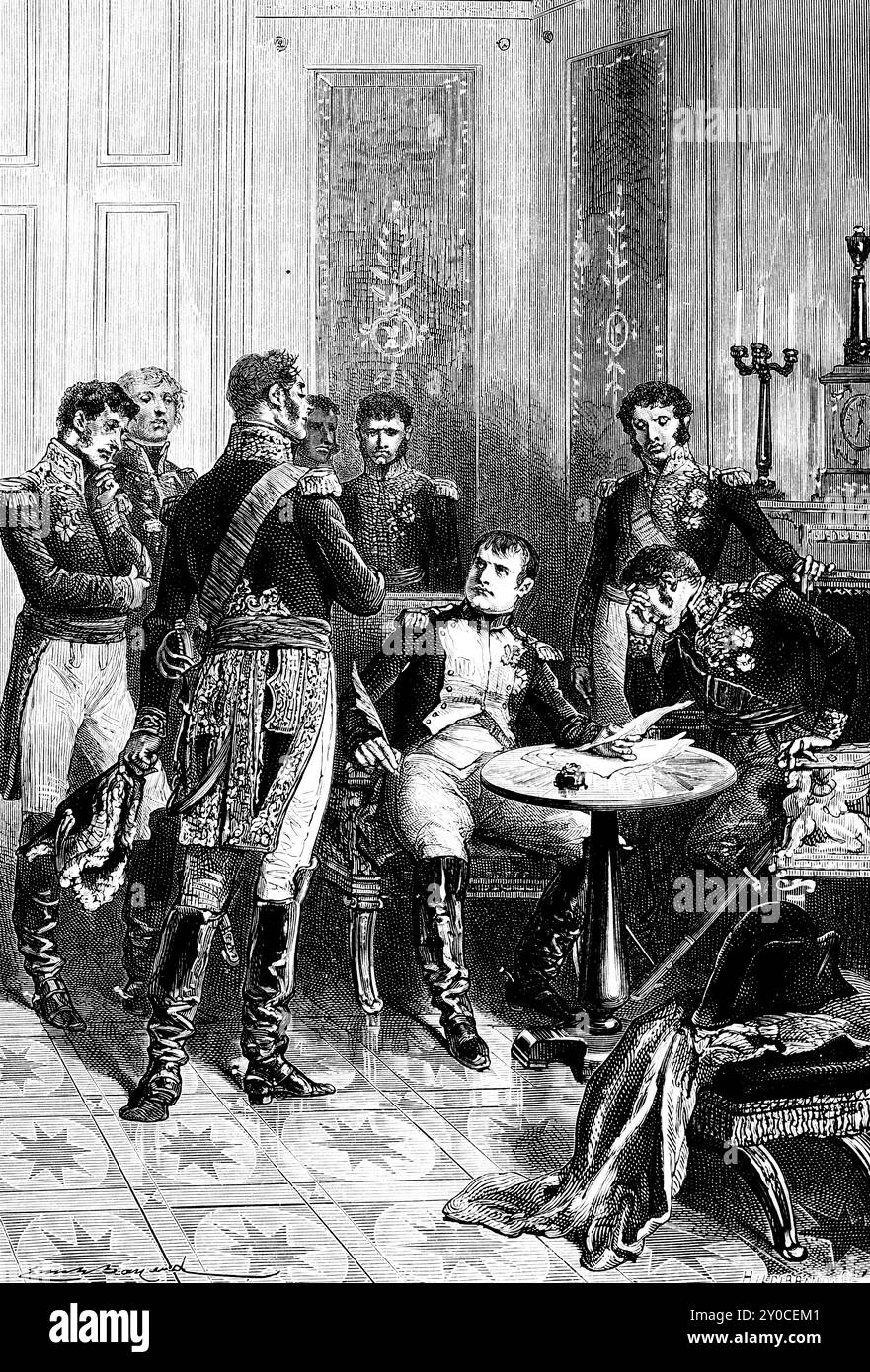 Abdicazione dell'imperatore Napoleone Bonaparte nel 1814, Francia, vittoria della coalizione Prussia Russia Austria, palazzo, camera, tavolo, fine delle guerre, signat Foto Stock