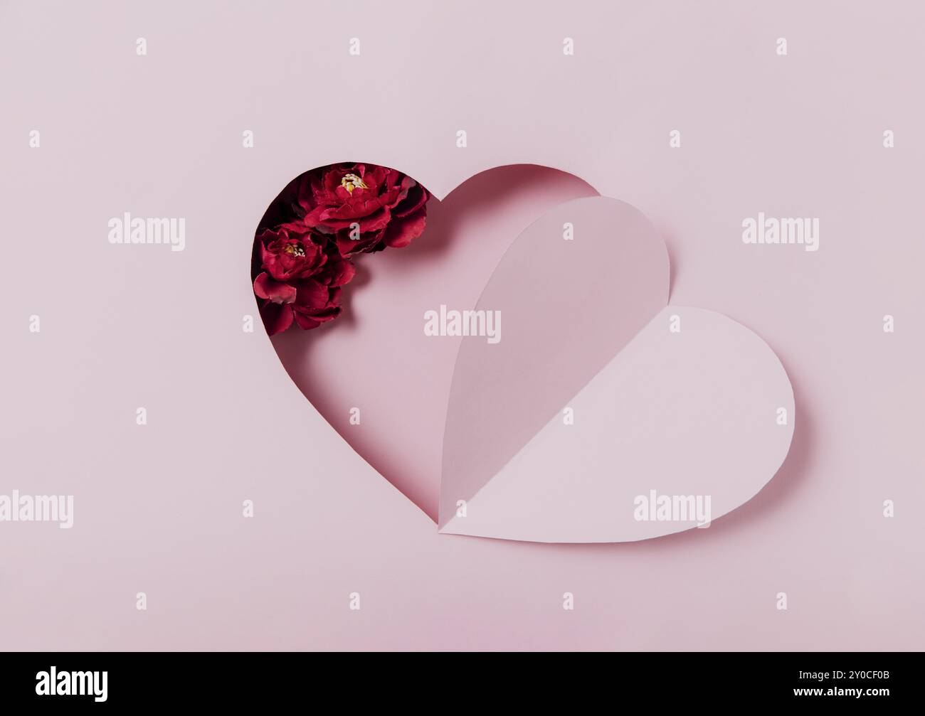 Messaggio d'amore, San Valentino concettuale appartamento laico. Vista dall'alto su carta tagliata, curva forma del cuore rosa su sfondo rosa. Minimal mockup per San Valentino Foto Stock