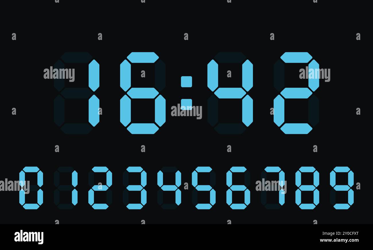 Quadrante elettronico. Orologio, cronometraggio, gestione del tempo, pianificazione, sveglia, pianificazione, numeri blu, calendario, orologio, timer, pattinare, assegnare un termine, creare un Illustrazione Vettoriale