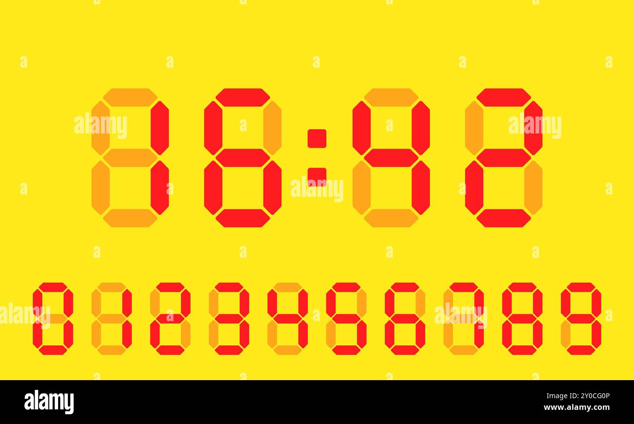 Quadrante elettronico. Orologio, cronometraggio, gestione del tempo, pianificazione, sveglia, pianificazione, numeri rossi, sfondo giallo, calendario, orologio, timer, sked, a. Illustrazione Vettoriale