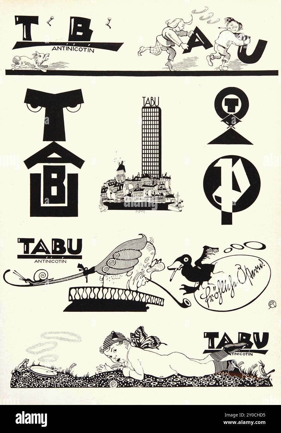 Julius Klinger (artista grafico austriaco 1876-1942) TABU Antinicotin Cigarettenhülsen Papier etc (società di carta da sigaretta pubblicitaria disegni in blac Foto Stock