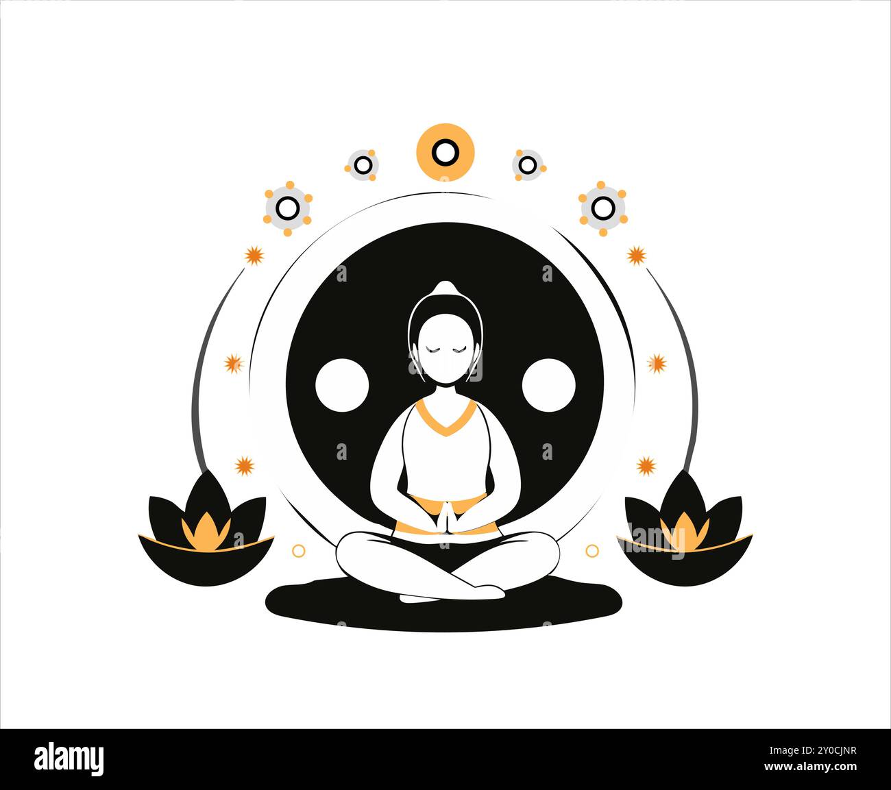 Una pacifica illustrazione vettoriale di Buddha che meditava con un simbolo yin-yang e fiori di loto. Perfetto per progetti incentrati sull'equilibrio, la spiritualità e la consapevolezza. Illustrazione Vettoriale