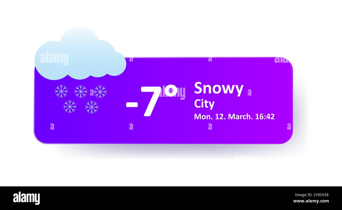 Neve meno 7 gradi centigradi previsioni meteo, data e posizione della città. Fiocco di neve, coperto, inverno, velocità del vento, nube di tuono, aria, precipitazioni, temperamento Illustrazione Vettoriale