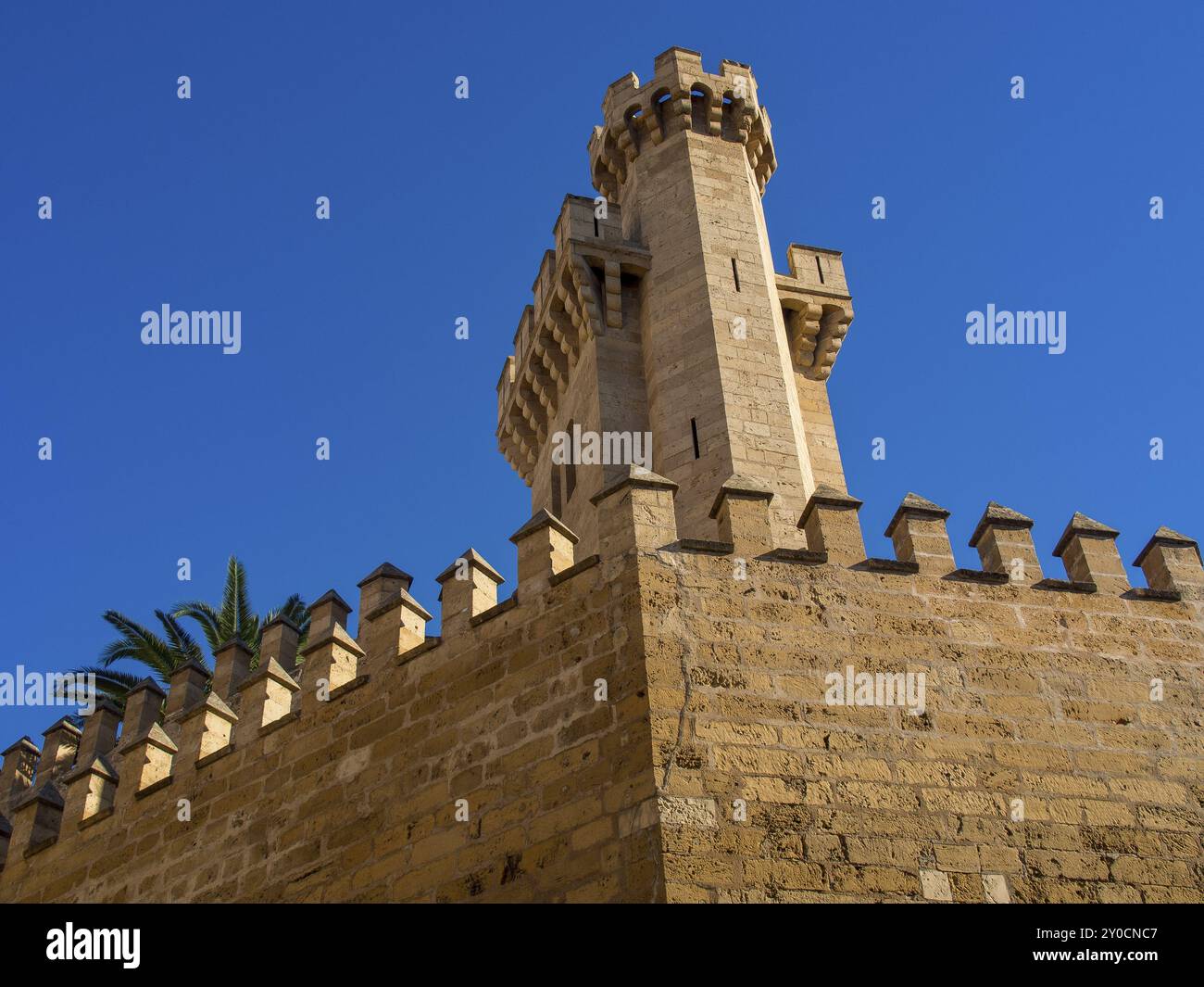 Fortezza medievale con merlature sotto un cielo azzurro, palma di Maiorca, maiorca, isole baleari, spagna Foto Stock