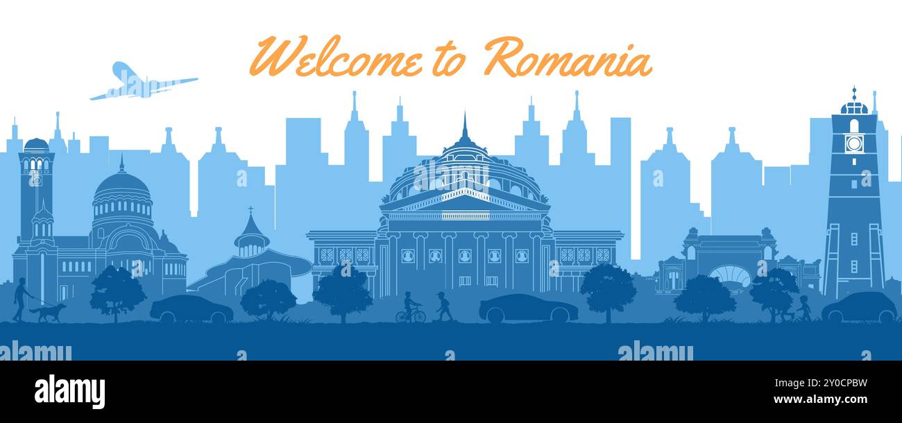 Famosi monumenti della Romania in città e parco per stile silhouette, illustrazione vettoriale Illustrazione Vettoriale