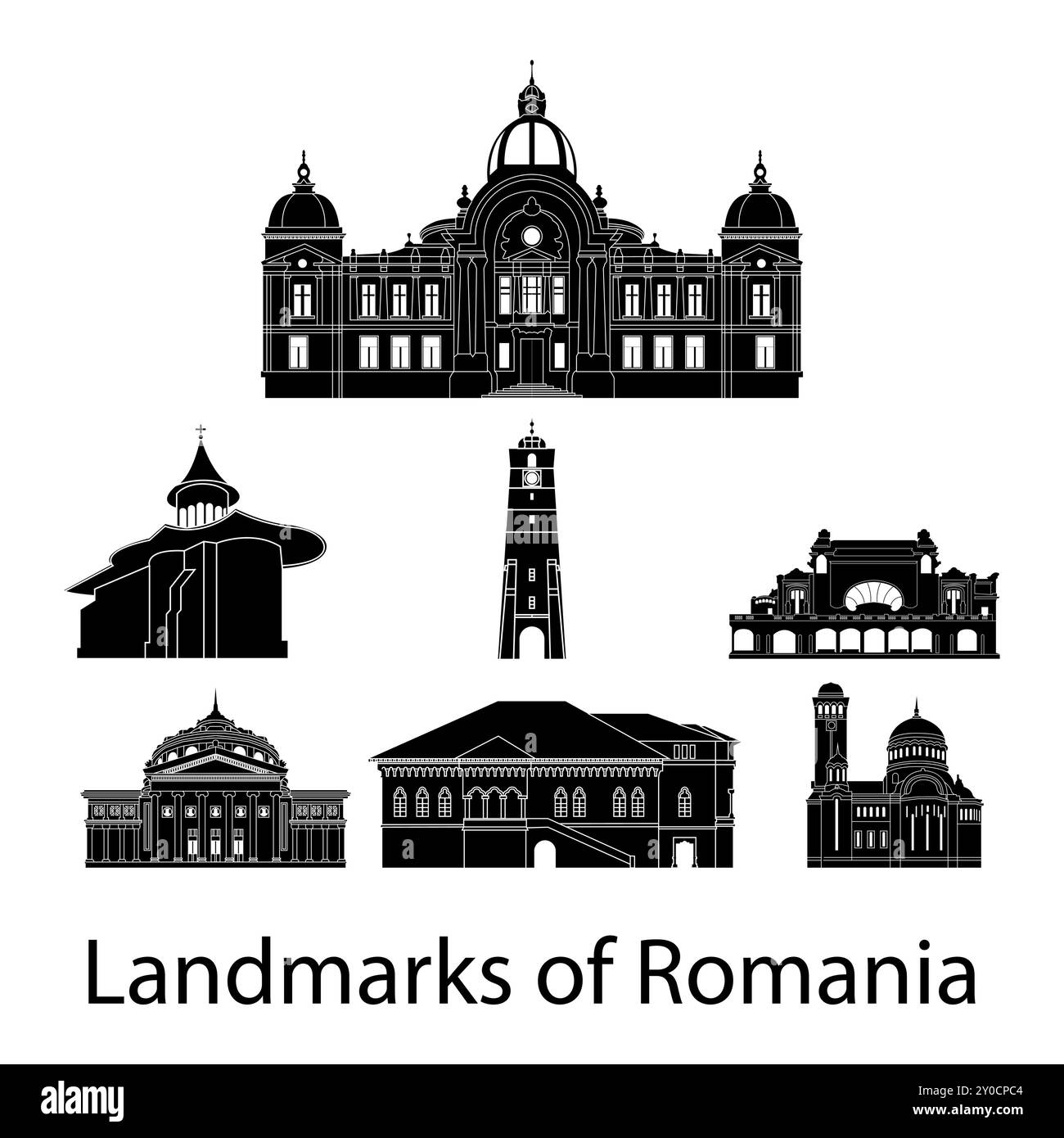 Set di famoso stile di silhouette della Romania, illustrazione vettoriale Illustrazione Vettoriale