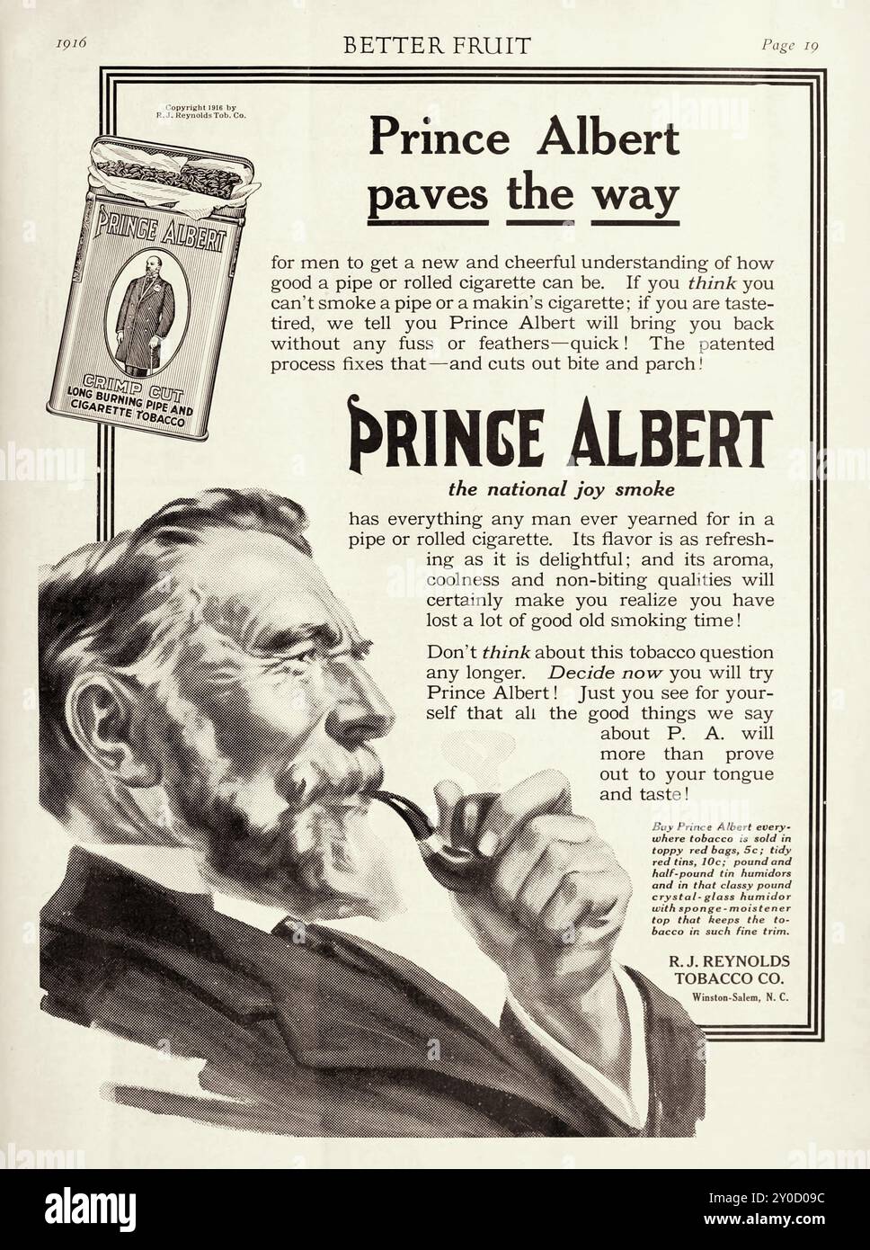 Annuncio in BETTER FRUIT Page 19 - Prince Albert apre la strada, il fumo di gioia nazionale - pubblicità di tabacco antico di R. J. Reynolds Tobacco Company, Wi Foto Stock