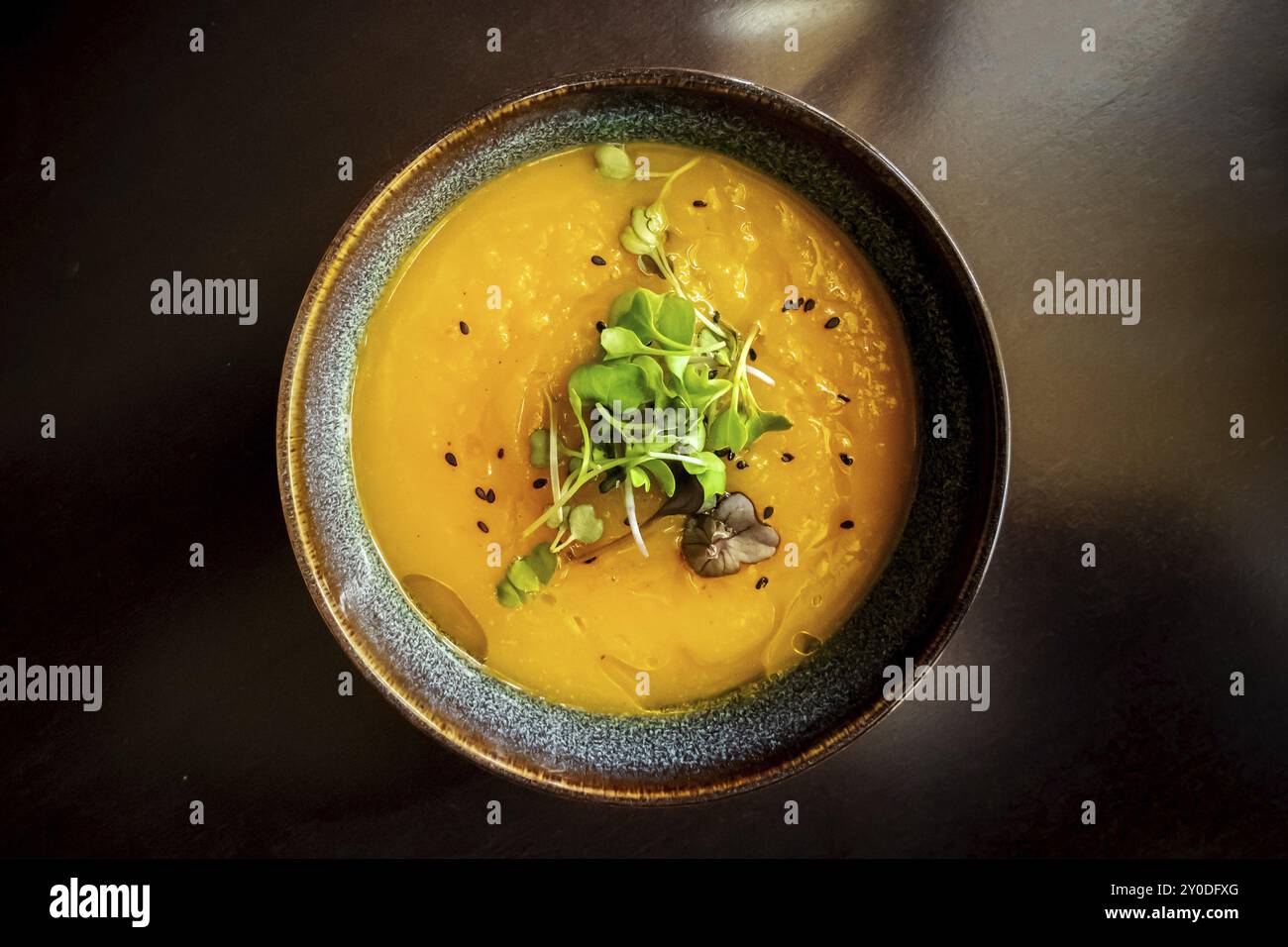 Microgreens su zuppa di zucca in un ristorante vegano, elegante piatto sano, scattato dall'alto, fotografia gastronomica Foto Stock