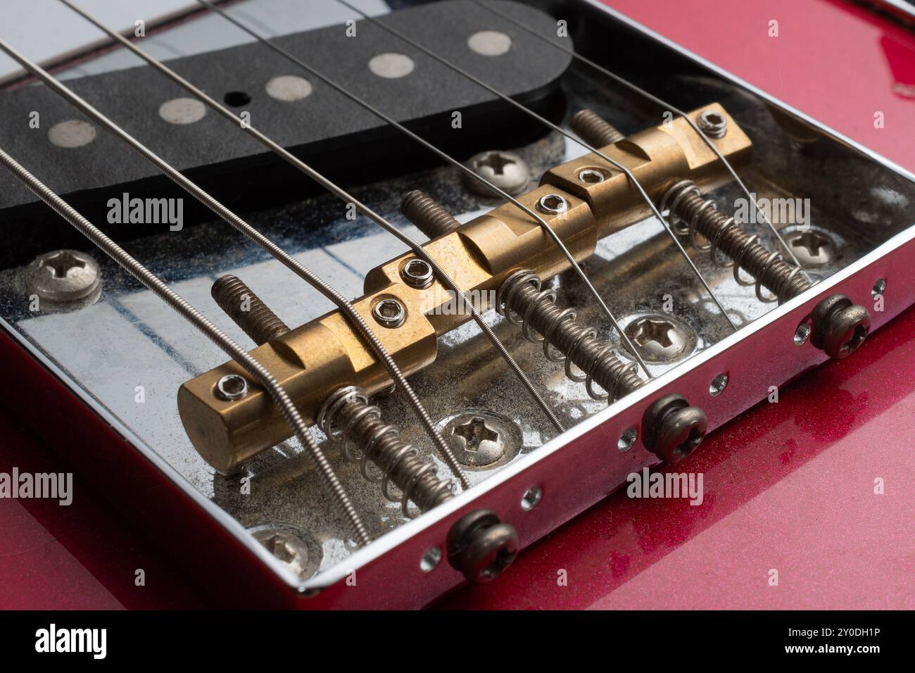 Foto artistiche di un ponte per chitarra con selle in ottone Foto Stock