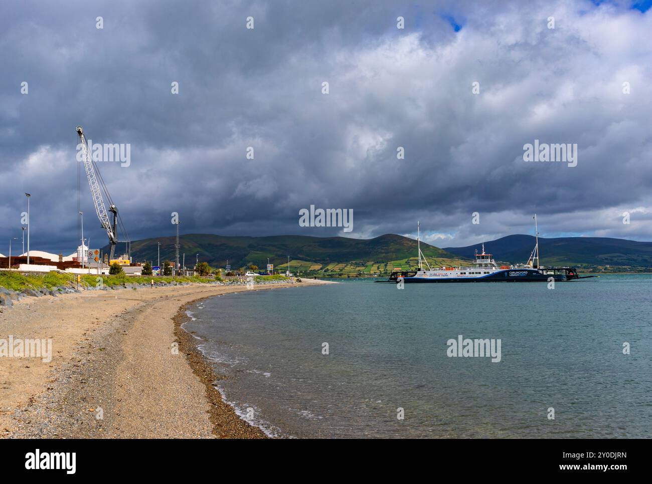 Il Carlingford Lough Ferry Marine si avvicina al terminal di Greenore nella contea di Louth. Sullo sfondo si può vedere Slieve Martin, parte della Mounta Foto Stock