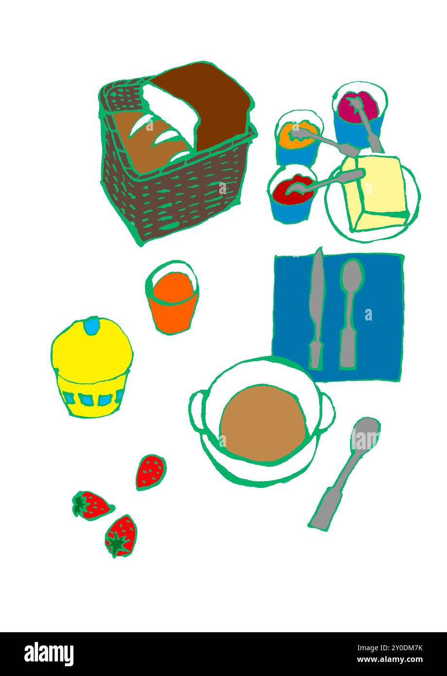 Cafe au lait, pane, fragole e colazione Foto Stock