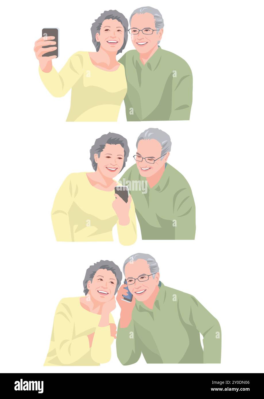 Una coppia anziana che scatta una foto insieme, invia un'e-mail e fa conversazione Foto Stock