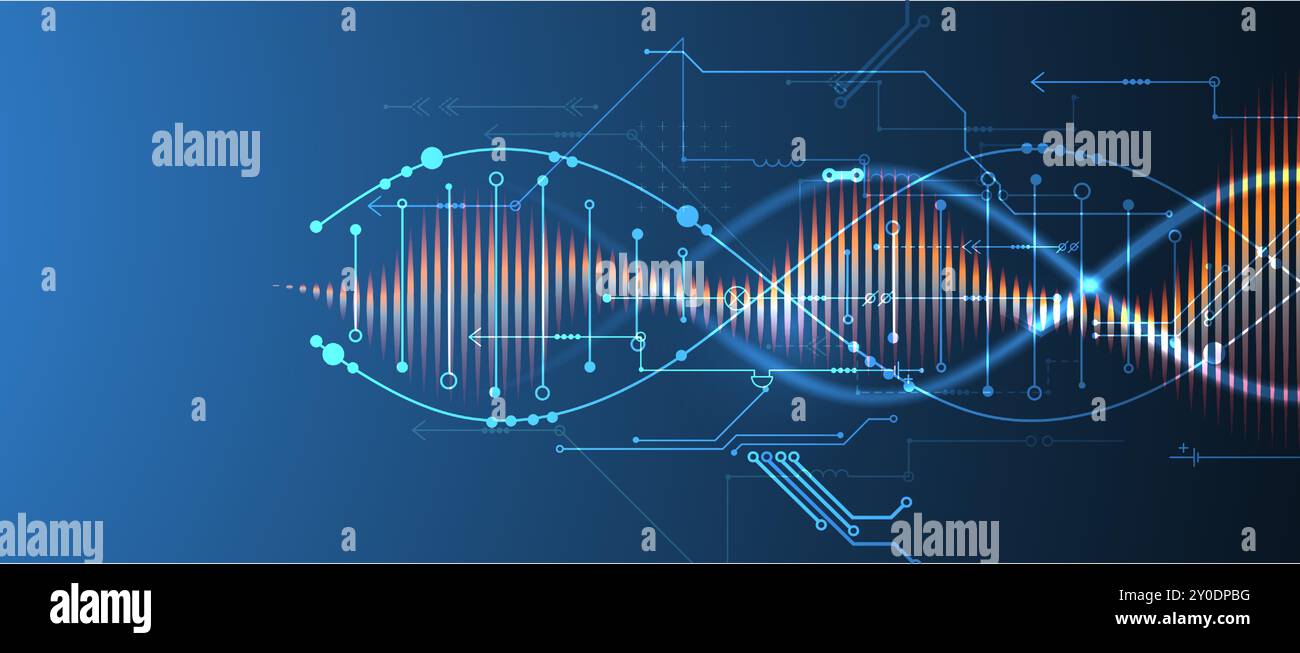 Background scientifico e tecnologico. Immagine della molecola di dna con elementi tecnologici. Vettore disegnato a mano. Illustrazione Vettoriale