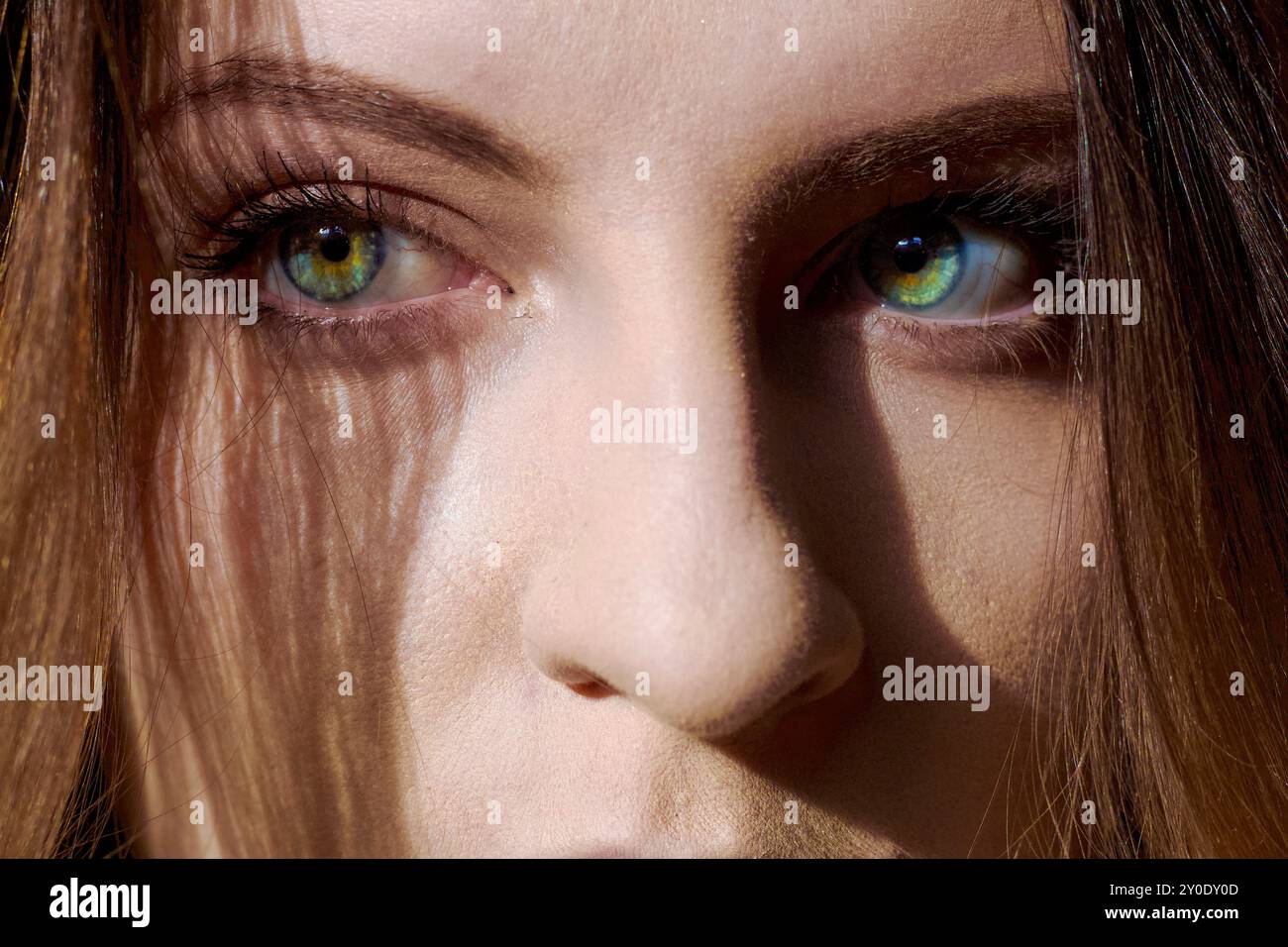 Primo piano degli impressionanti occhi verdi di una donna illuminati dalla luce naturale Foto Stock