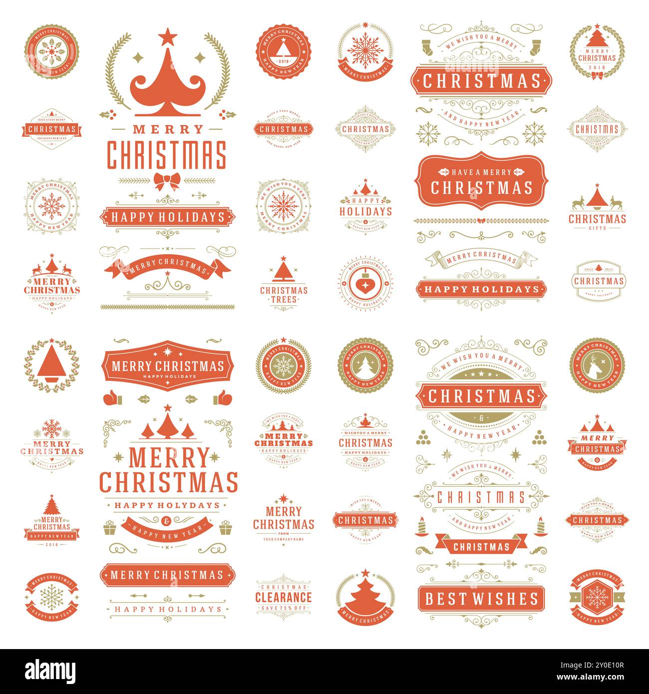 Set di elementi di design vettoriali per biglietti d'auguri e poster natalizi e badge. Buon Natale e festività augura decorazioni tipografiche retrò Illustrazione Vettoriale