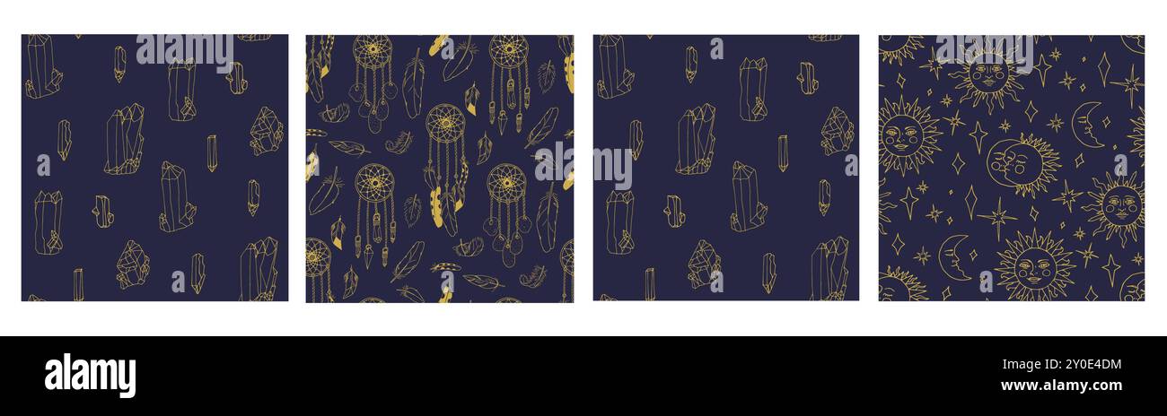 Set di 4 motivi mistici senza cuciture con cristalli, sole celeste e lune Illustrazione Vettoriale