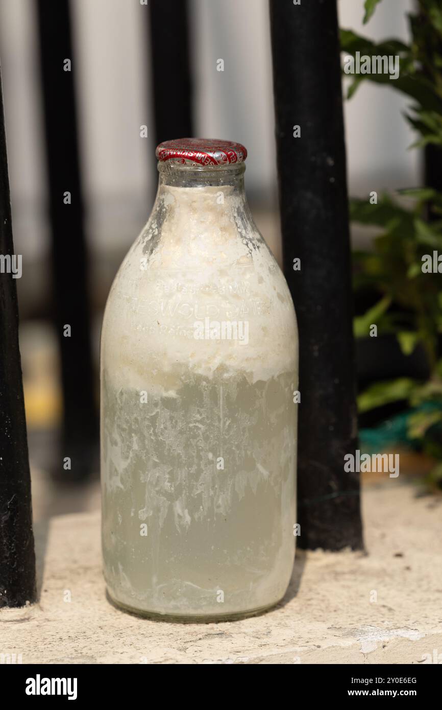 Una bottiglia di latte che non e' stata raccolta viziando durante il sole estivo in una strada di Londra Foto Stock