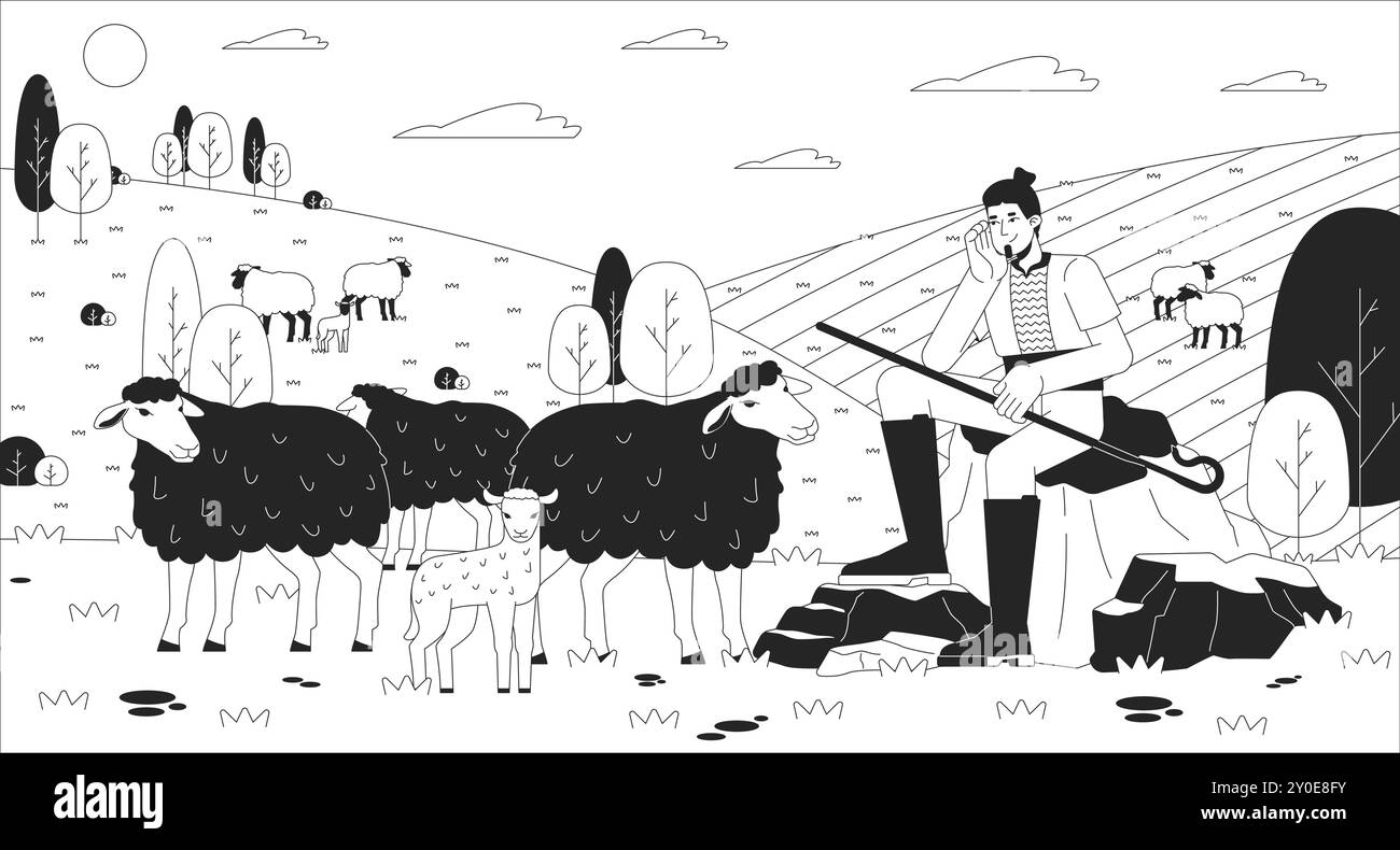 Pastore uomo con mandria sul pascolo, illustrazione con linea bianca e nera Illustrazione Vettoriale