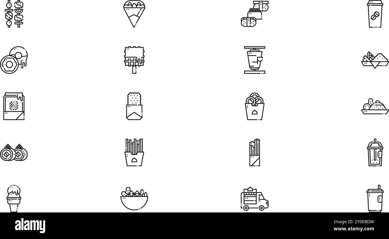 Icone Street food Collezione di icone vettoriali di alta qualità con tratto modificabile. Ideale per progetti professionali e creativi. Illustrazione Vettoriale