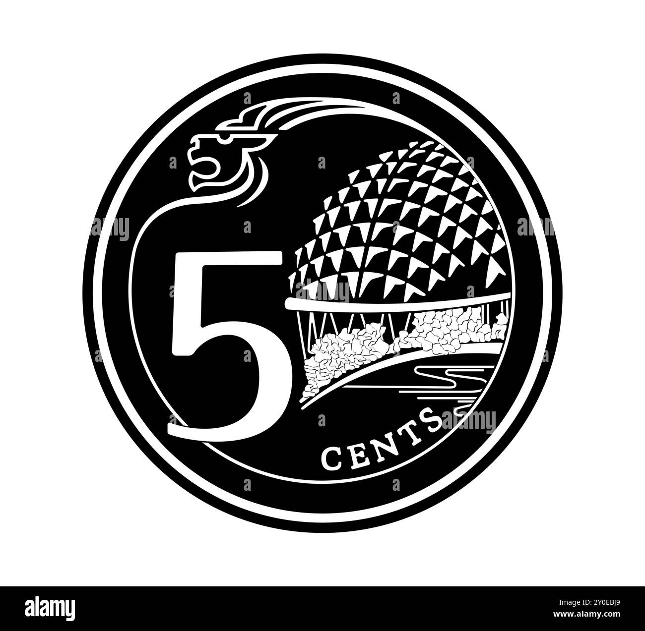 Rovescio di 5 centesimi 2013–2019 anni, Singapore. La moneta è raffigurata in bianco e nero. Illustrazione vettoriale. Illustrazione Vettoriale