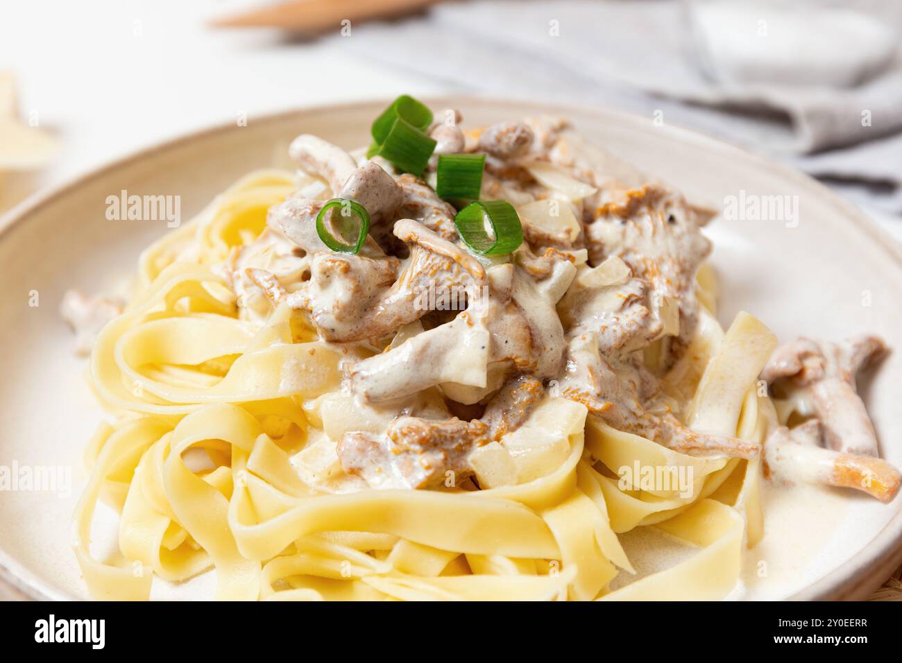 Primo piano di fettuccine con cremosa salsa di funghi chanterelle e guarnita con cipolle verdi, pasto veloce Foto Stock