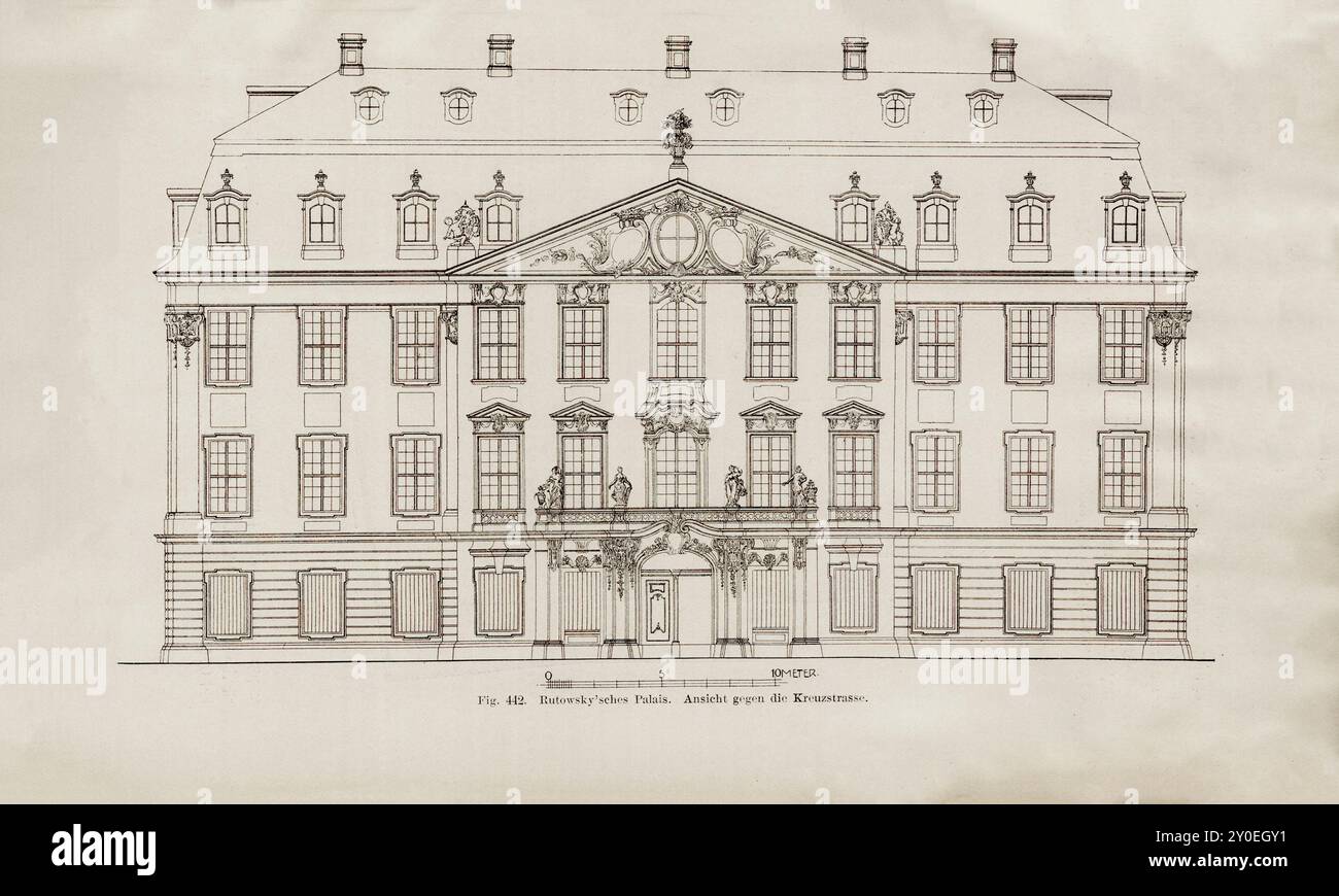 Illustrazione vintage di Dresda. Il Rutowsky'sche Palais. Germania. 1903 si dice che la casa all'angolo tra Kreuzstrasse 3 e Weissegasse sia stata costruita tra il 1720 e il 1724 per la moglie del capo ciambellano Friedrich conte Vitzthum von Eckstadt, nato von Hoym. La pianta era incredibilmente grandiosa. Sotto le tre finestre centrali della facciata principale che si affacciava su Kreuzgasse c'era la sala d'ingresso, larga circa 10 m davanti e larga 14 m dietro; a sinistra c'era la maestosa scalinata a tre piani. Al piano superiore, il fronte ha assunto la forma di una grande vendita, mentre un banchetto Foto Stock