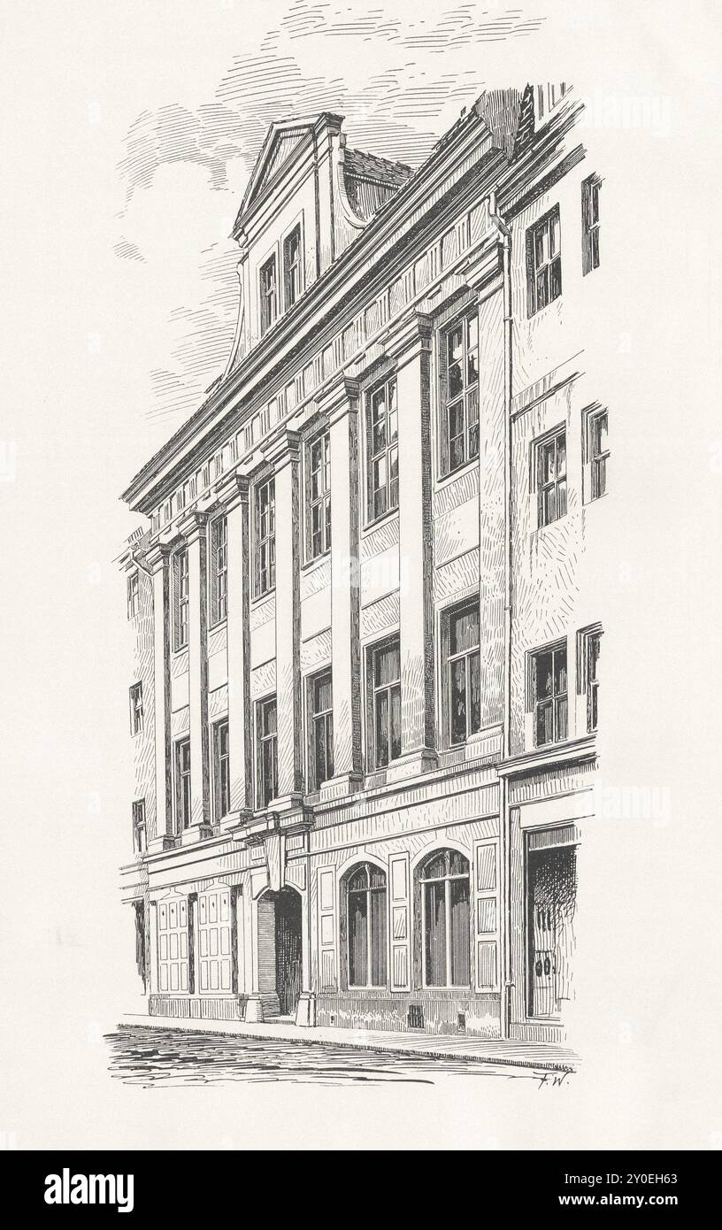 Illustrazione vintage di Dresda. La casa di Rococo in grosse Brudergasse Nr. 25. Germania. 1903 Un maestoso edificio residenziale con una suggestiva facciata neoclassica. Sopra il piano terra con una porta centrale chiusa da un arco e due finestre su ciascun lato, una struttura a pilastri toscani con un cornicione triglifico che si estende attraverso entrambi i piani superiori. Sei finestre semplici nelle intercolonne. Foto Stock