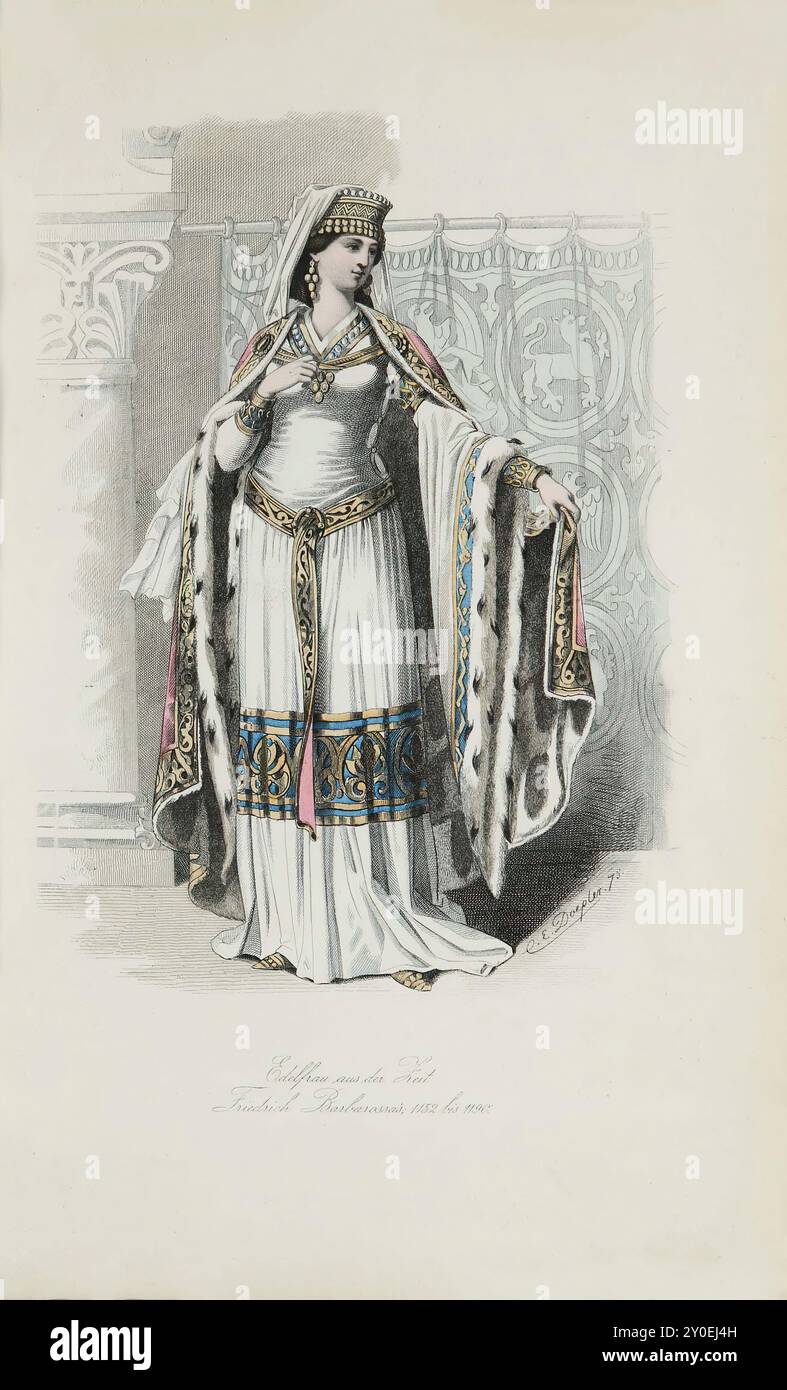 Costumi storici e popolari d'Europa. Nobildonna del tempo di Federico Barbarossa; 1152-1190. Germania. 1876-1878 il copricapo è circondato da una doppia fila di monete d'oro; anche i pendenti sono fatti di monete d'oro, la cui disposizione ha un carattere decisamente orientale che può essere attribuito probabilmente all'influenza di Bisanzio. Gli indumenti, che ad eccezione dei piedi, che erano rivestiti di scarpe riccamente decorate, sono realizzati in pregiato lino bizantino, sono spesso piegati con cura e hanno maniche foderate in pelliccia. Un ricco bordo sullo scollo e preziosi ricami su un colore Foto Stock