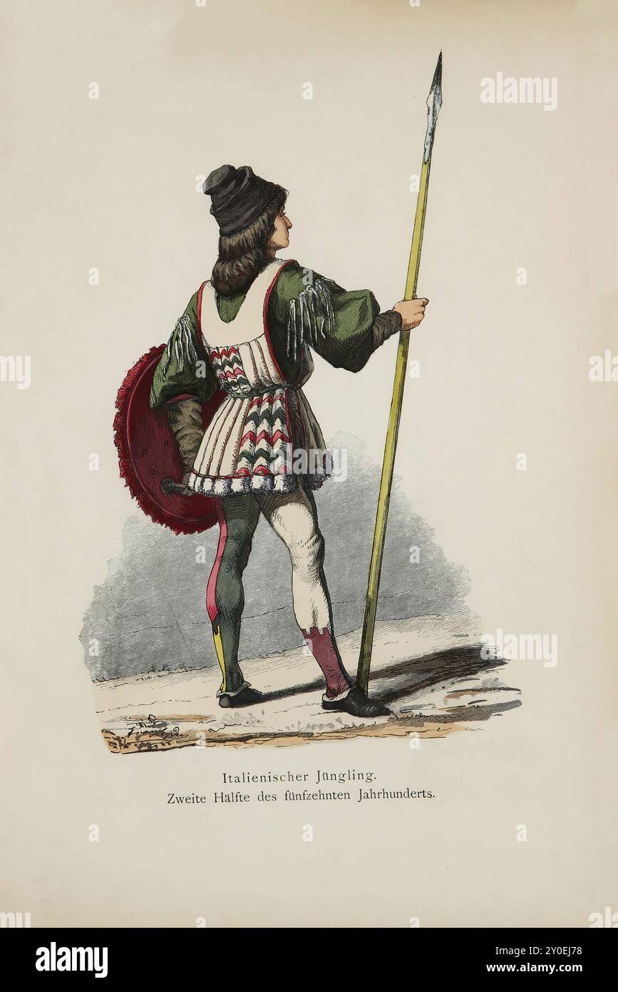 Costumi storici e popolari d'Europa. Giovane italiano. Seconda metà del XV secolo. Il nostro giovane indossa una giacca realizzata in tessuto di lana verde con ampie maniche bicolore, progettata in modo che la parte inferiore stretta sia leggermente più calda della parte superiore, più ampia, dalla quale pendono alcuni lacci bianchi, in parte per decorazione, ma più per consentire una seconda manica più robusta da attaccare sopra la prima. Sopra la giacca c'è un mantello tenuto insieme in pieghe regolari da una cintura stretta, che solo queste pieghe distinguono dal journande, il vestito da viaggio e da araldo, in uso Foto Stock