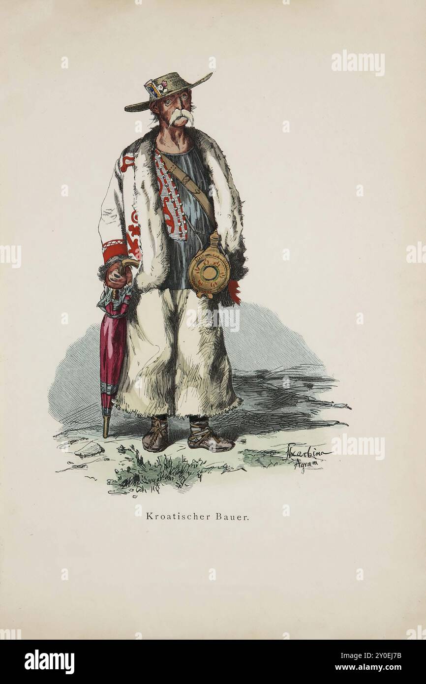 Costumi storici e popolari d'Europa. Contadino croato. Una camicia bianca, o più raramente grigia o verde-blu realizzata in robusto lino fatto in casa copre la parte superiore del corpo e cade sull'ampio Gatyen, cioè pantaloni larghi e lunghi in robusto lino, che sono sfilacciati sul fondo. Sopra la camicia, l'agricoltore croato indossa i numerosi gilet con bottoni. Il cappotto in pelle di pecora indossato sopra l'abbigliamento viene indossato in estate e in inverno. I piedi sono ricoperti dal Opänyek, un tipo di scarpe o sandalo che è comune a tutti i popoli slavi e romanzi ed è difficile immaginare di essere più adatti per il roug Foto Stock