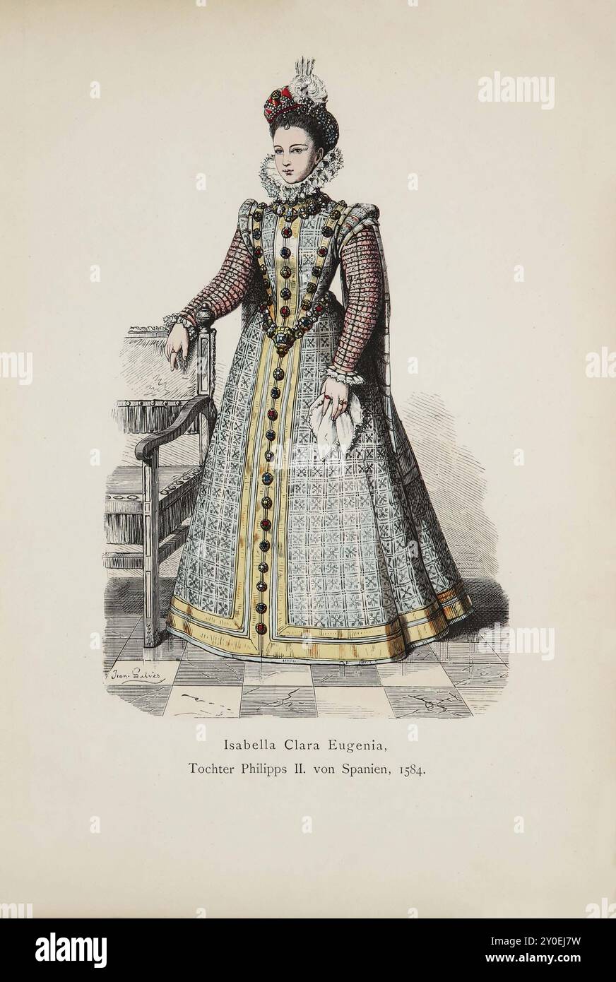 Costumi storici e popolari d'Europa. Isabella Clara Eugenia, figlia di Filippo II di Spagna, 1584 Isabella Clara Eugenia (in spagnolo: Isabel Clara Eugenia; 1566–1633) fu sovrana dei Paesi Bassi spagnoli, che comprendeva i Paesi Bassi e il nord della Francia moderna con suo marito, l'arciduca Alberto VII d'Austria. Il loro regno è considerato l'età d'oro dei Paesi Bassi spagnoli, che videro una rinascita della sua economia e delle sue arti dopo che una pace fu conclusa con la dissoluzione della Repubblica olandese. Isabella era una delle donne più potenti dell'Europa del XVI e XVII secolo. Il vestito con un hig Foto Stock