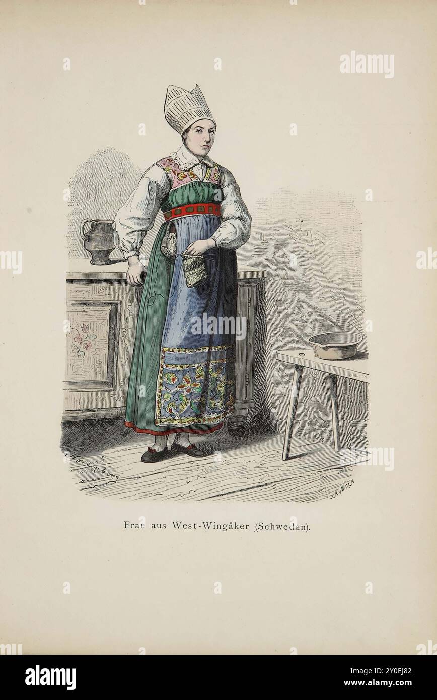 Costumi storici e popolari d'Europa. Donna di West-Wingaker (Svezia). La nostra immagine mostra una donna in costume tradizionale. Il cappuccio sulla testa è realizzato ad arte con un pezzo quadrato di lino bianco senza cuciture o ago. La gonna, realizzata in tessuto verde o rosso, va fino sotto le braccia, dove viene cucita su un pezzo di seta riccamente ricamata che copre le spalle e la schiena. Una cintura rossa in pelle con placche in argento dorato è tesa sul corpetto intorno ai fianchi. Un grembiule di seta blu è indossato con la gonna verde, che è bordata sul fondo con una fascia di lana larga da uno a due pollici e mezzo Foto Stock