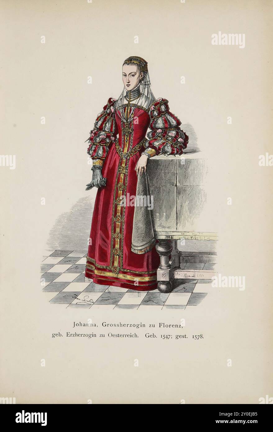 Costumi storici e popolari d'Europa. Giovanna, Granduchessa di Firenze, nata Arciduchessa d'Austria. Nata nel 1547; morta nel 1578 Giovanna era la figlia minore dell'imperatore Ferdinando i e di Anna, figlia del re Ladislao d'Ungheria e di Boemia; nacque a Praga il 24 gennaio 1547. Dopo la morte di suo padre fu promessa in sposa nel novembre 1565 a Francesco Maria, duca di Firenze, da cui ebbe tre figli; morì di parto a Firenze nel 1578 e fu sepolta nella chiesa di San Lorenzo. Il ritratto di Joanna ci mostra un bellissimo costume pieno di carattere, che riflette il rapido cambiamento Foto Stock